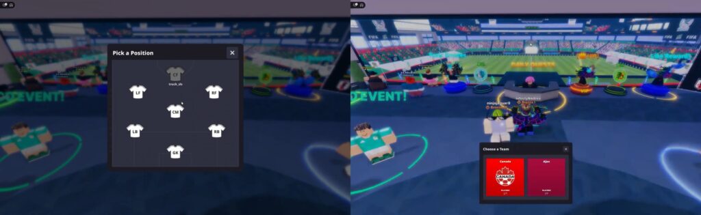 Roblox FIFA Super Soccer World Cup gameplay showing position selection menu and team choice
