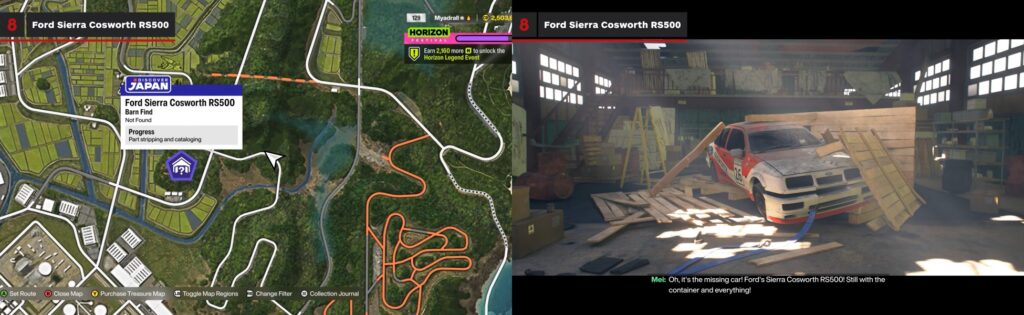 Ford Sierra Cosworth RS500 barn find location in Forza Horizon Japan map and in-game view