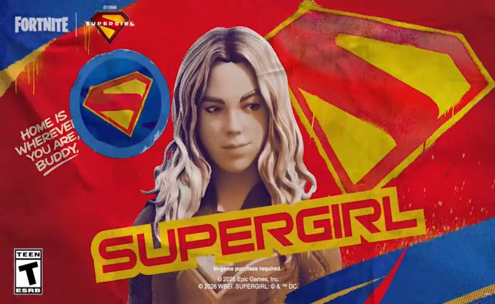 Supergirl character skin in Fortnite with blonde hair and red and blue superhero outfit design