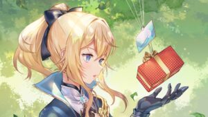 Anime character with blonde hair holding red gift box with Genshin Impact rewards theme