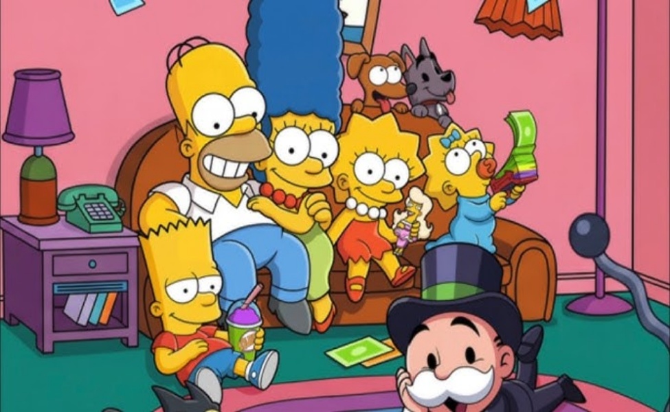The Simpsons family sitting on couch in living room with Monopoly game board visible