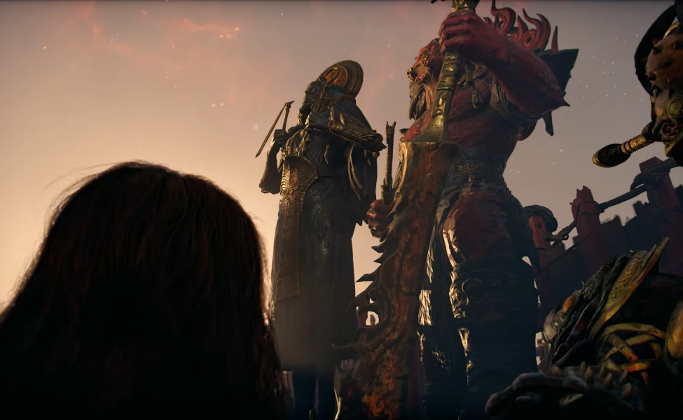 God of War Laufey gameplay showing character encountering ornate mythological figures in dramatic