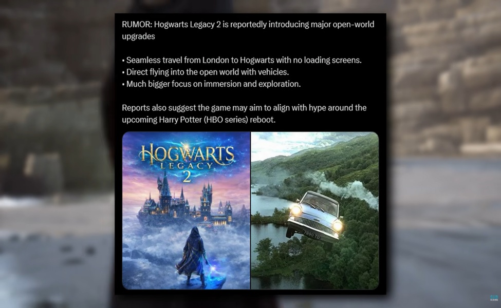 Hogwarts Legacy 2 promotional image showing castle and open-world vehicle exploration