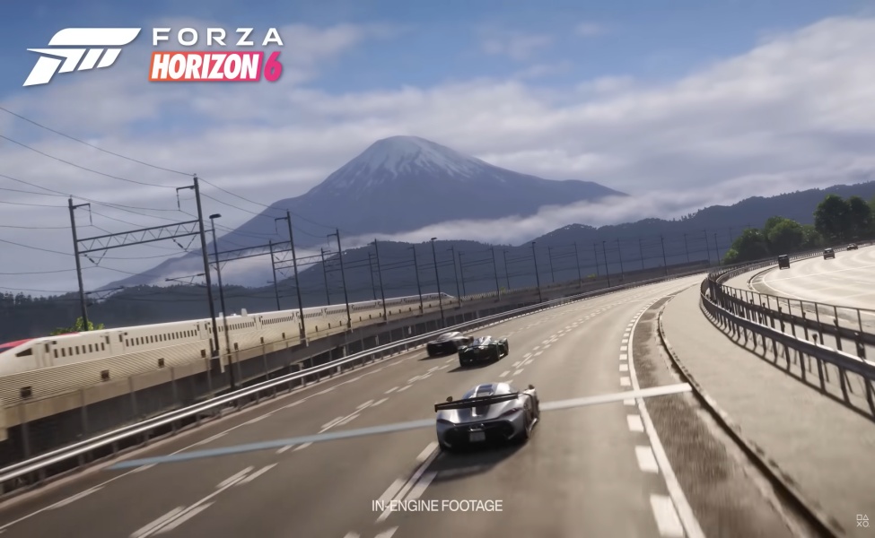 Forza Horizon 6 gameplay showing sports car driving on Japanese highway near Mount Fuji