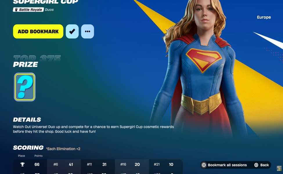 Supergirl Cup leaderboard showing placement rankings and points needed in Fortnite Battle Royale