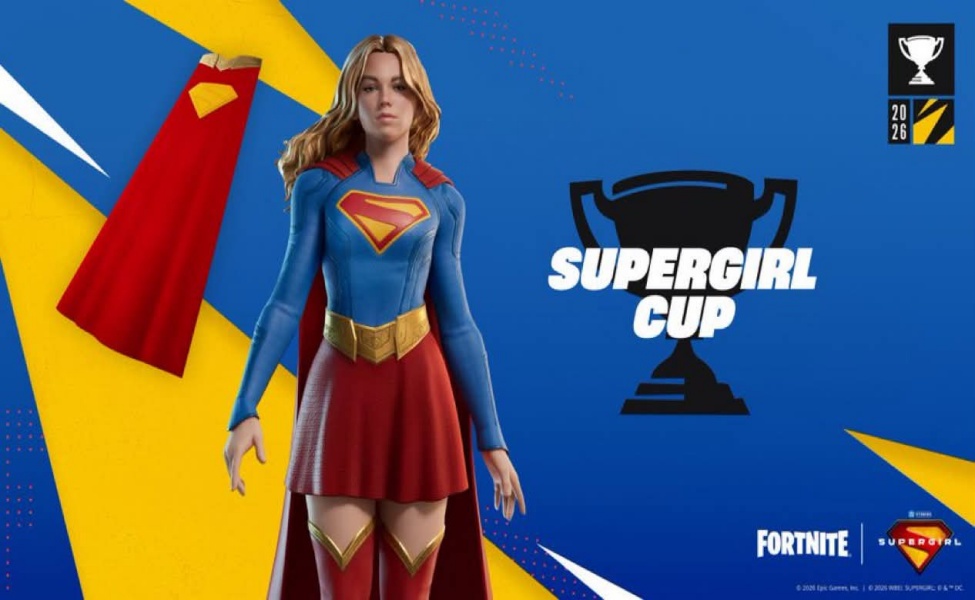 Supergirl character skin in Fortnite with blue suit and red cape next to Supergirl Cup tournament