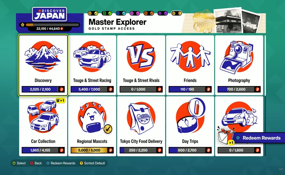 Master Explorer gold stamp access menu showing Discover Japan game achievements and rewards
