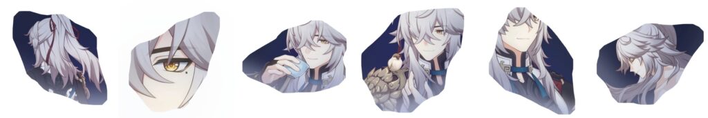 Six portrait illustrations of Jing Yuan from Honkai Star Rail showing different facial expressions