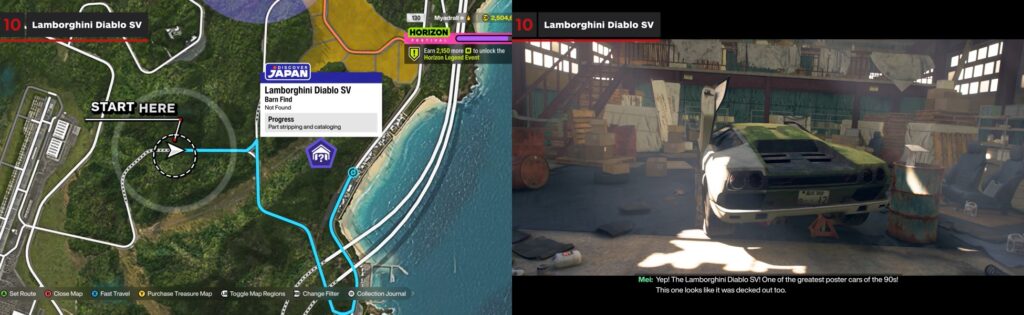 Lamborghini Diablo SV barn find location in Forza Horizon Japan region map