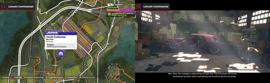 Forza Horizon barn find location map showing Lincoln Continental discovery in Japan region