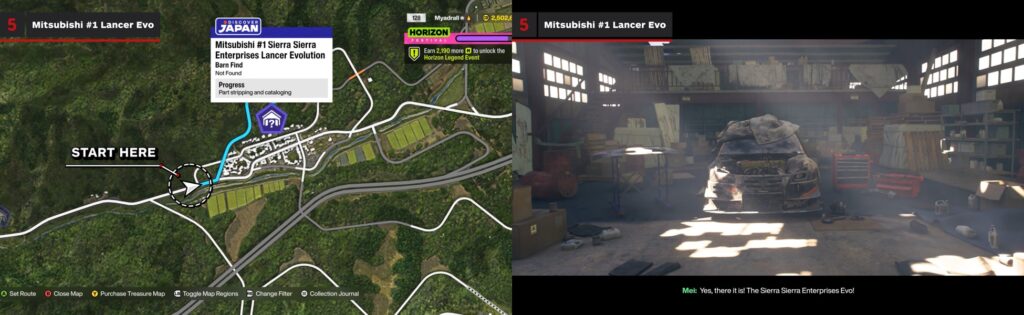 Forza Horizon Japan barn find location map showing Mitsubishi Lancer Evo discovery point