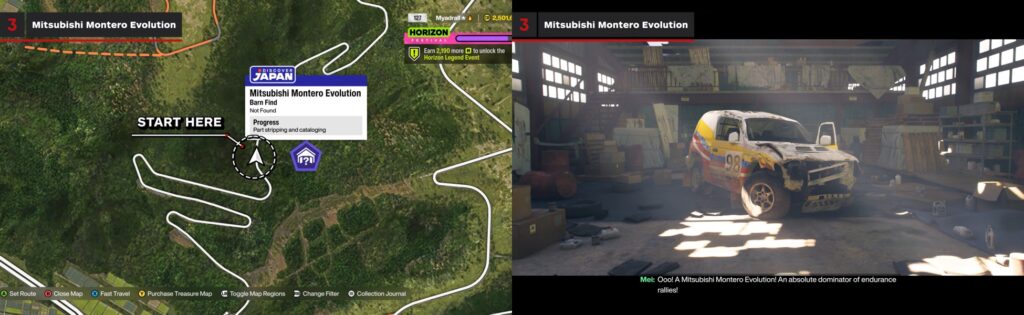 Forza Horizon 6 barn find location map showing Mitsubishi Montero Evolution in Japan region