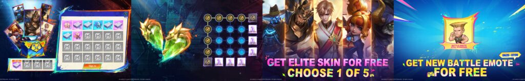 MLBB x Street Fighter 6 event promotional banners showing free elite skin selection and battle