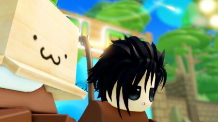 Active Monkey Soccer Codes June 2026 Anime character with black hair holding a sign with a smiley face in Monkey Soccer Roblox game