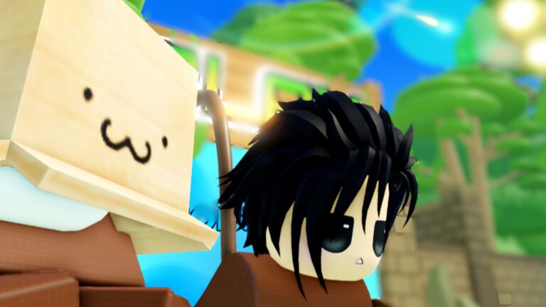 Anime character with black hair holding a sign with a smiley face in Monkey Soccer Roblox game