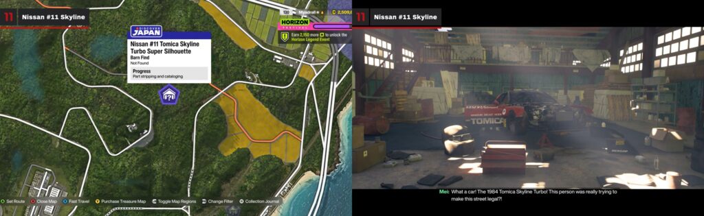 Forza Horizon 6 barn find location map showing Nissan #11 Skyline in Japan region