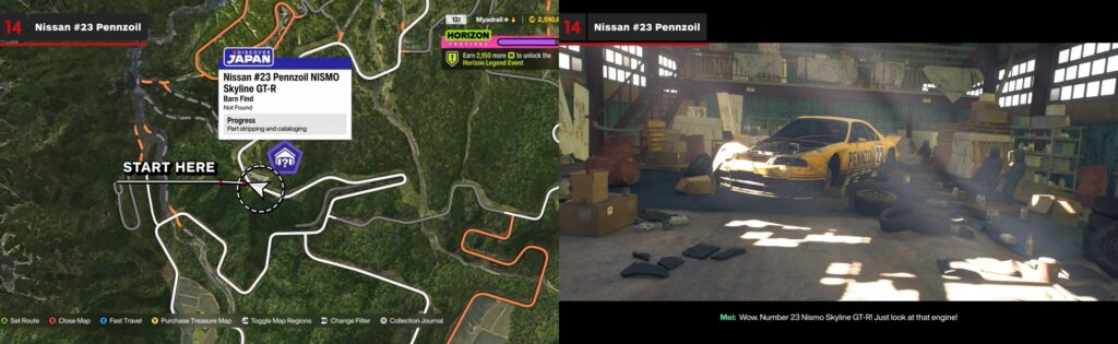 Forza Horizon barn find location map showing Nissan #23 Pennzoil Skyline GT-R in Japan region