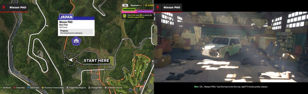 Forza Horizon barn find location map showing Nissan PAO discovery point in Japan region