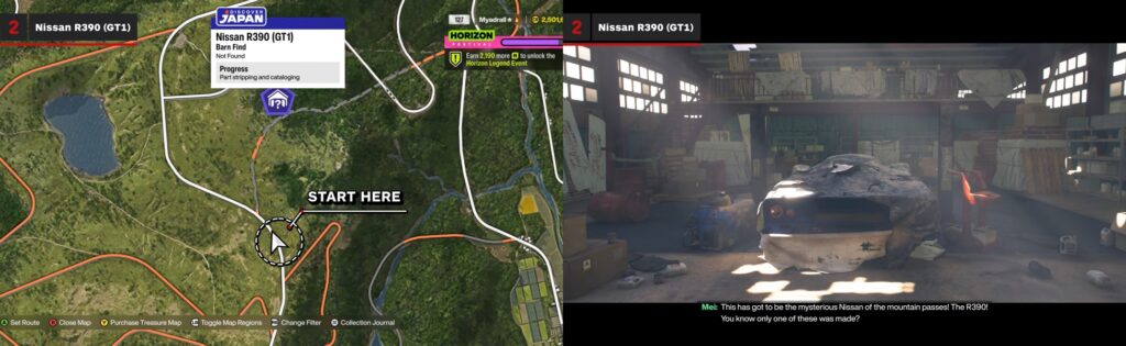 Forza Horizon Japan barn find location map showing Nissan R390 GT1 start position