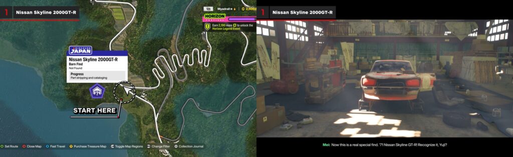 Forza Horizon 6 barn find location map showing Nissan Skyline 2000GT-R discovery in Japan