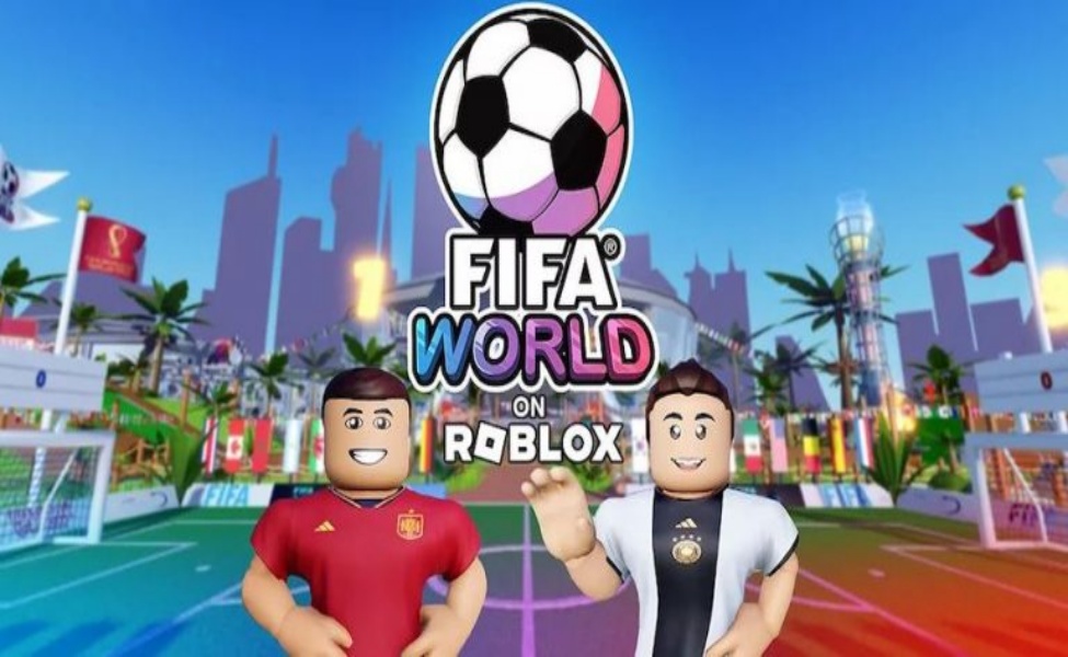 FIFA World Cup on Roblox game promotional image with player avatars and stadium background