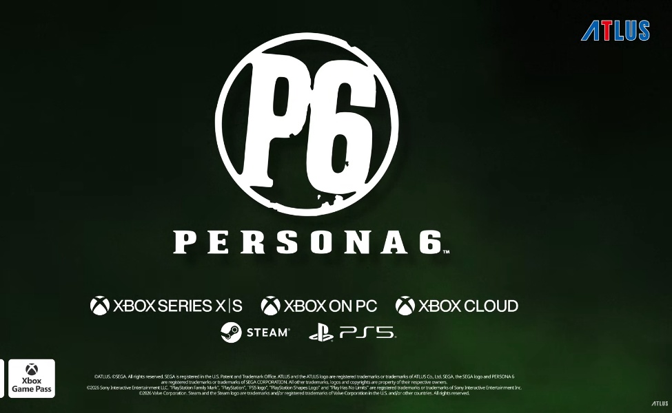 Persona 6 logo with platform availability including Xbox Series X|S, Xbox PC, Xbox Cloud, Steam