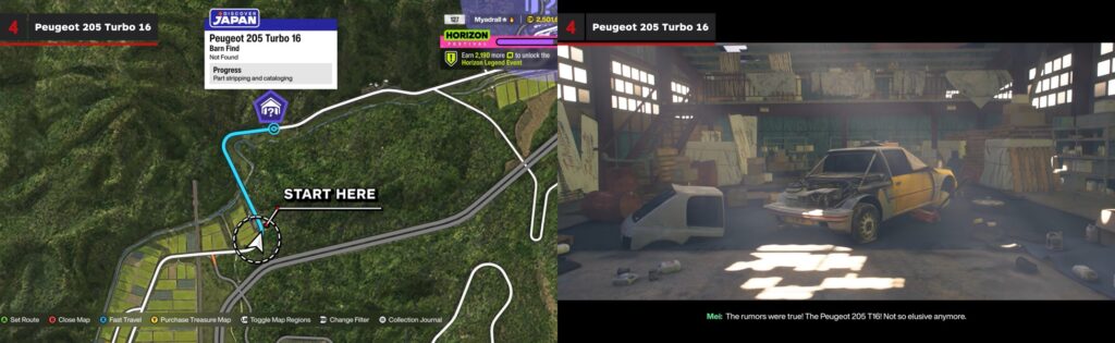 Forza Horizon Japan barn find location map showing Peugeot 205 Turbo 16 starting point