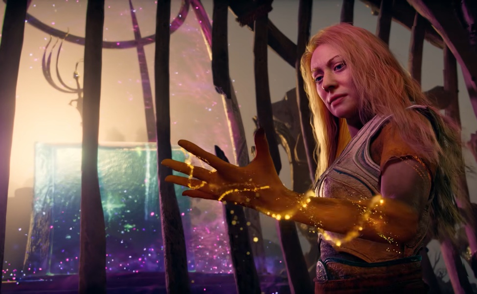 Woman with red hair casting golden magic in mystical forest setting from God of War Laufey