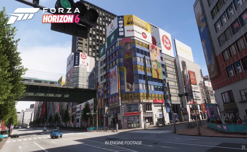 Forza Horizon 6 gameplay showing Tokyo street location with detailed urban scenery