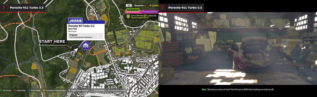 Forza Horizon game map showing Porsche 911 Turbo 3.3 barn find location in Japan region