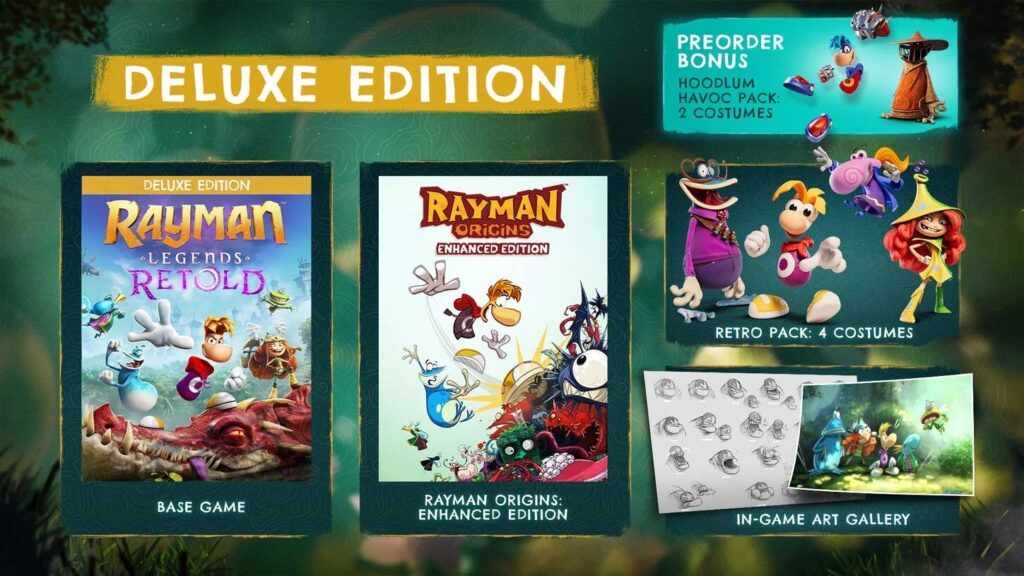 Rayman Legends Retold Deluxe Edition contents including base game, Rayman Origins Enhanced Edition