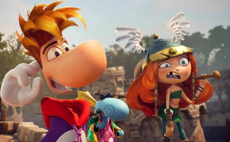 Rayman and Barbara with companion characters in colorful adventure gameplay scene