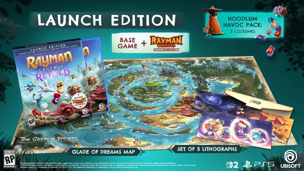 Rayman Legends Retold Launch Edition contents including game case, world map, lithographs