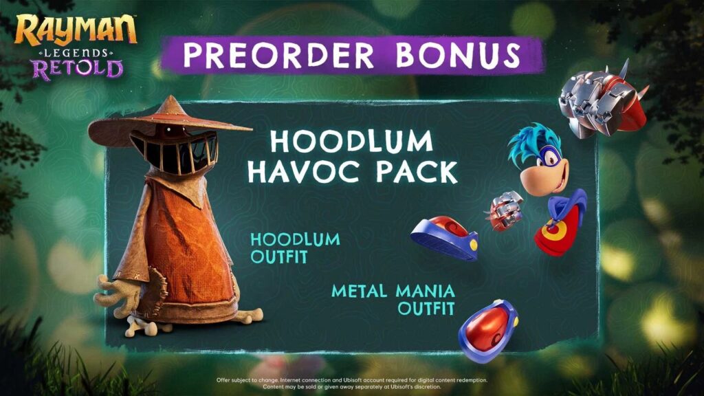 Rayman Legends Retold preorder bonus pack featuring Hoodlum outfit and Metal Mania outfit with