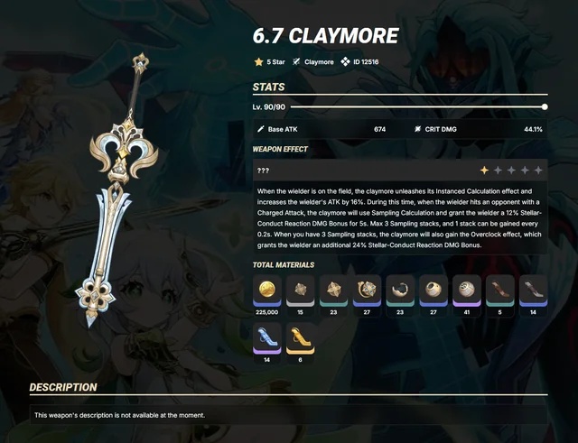 6.7 Claymore weapon stats and materials screen in Genshin Impact