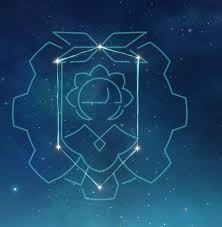 Sandrone constellation diagram with geometric blue neon patterns and celestial background