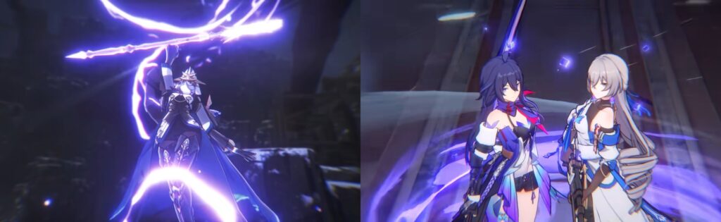 Honkai Star Rail Seele using Ultimate ability with lightning effects alongside two other characters