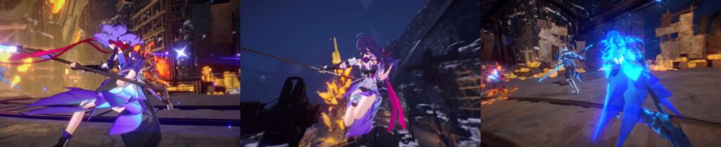 Honkai Star Rail Seele performing combat skills with purple and blue glowing effects in urban