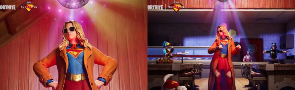 Supergirl character skin in Fortnite wearing orange jacket and blue superhero suit with sunglasses