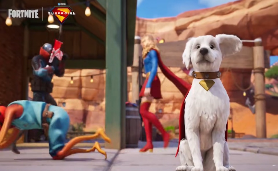 White dog wearing gold collar in Fortnite Supergirl crossover scene