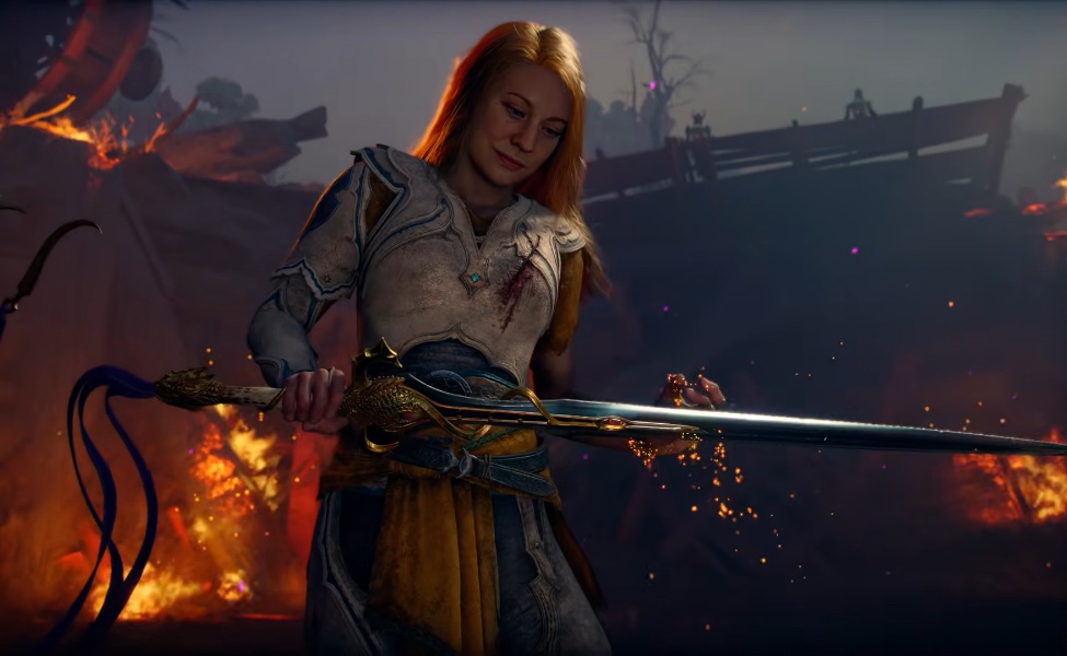 Woman with red hair wielding glowing sword in fiery Norse-inspired landscape from God of War