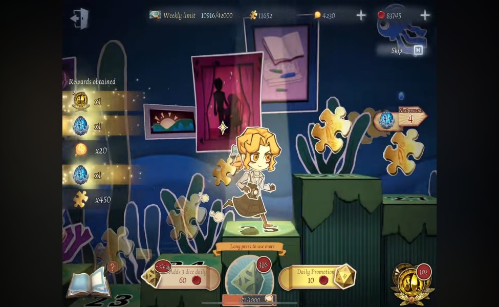 Identity V game interface showing Survivor character with rewards menu displaying Clues, Fragments