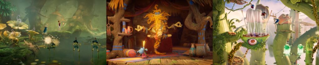 Three vibrant game levels from Rayman Legends Retold showing colorful platforming environments with