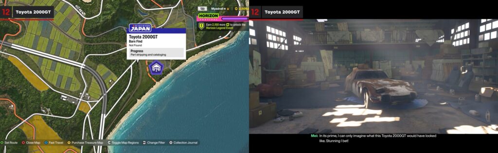 Toyota 2000GT barn find location in Forza Horizon Japan with deteriorated vehicle in warehouse
