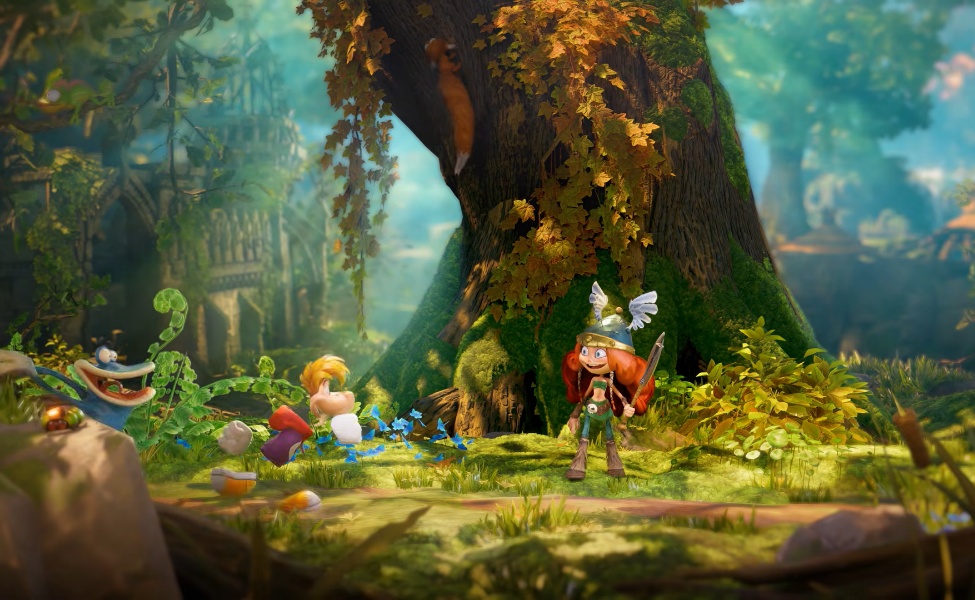 Colorful animated forest scene with characters and giant tree in Rayman Legends Retold gameplay