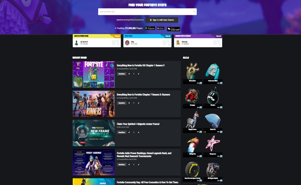 Fortnite Tracker website homepage with player stats search and recent news updates