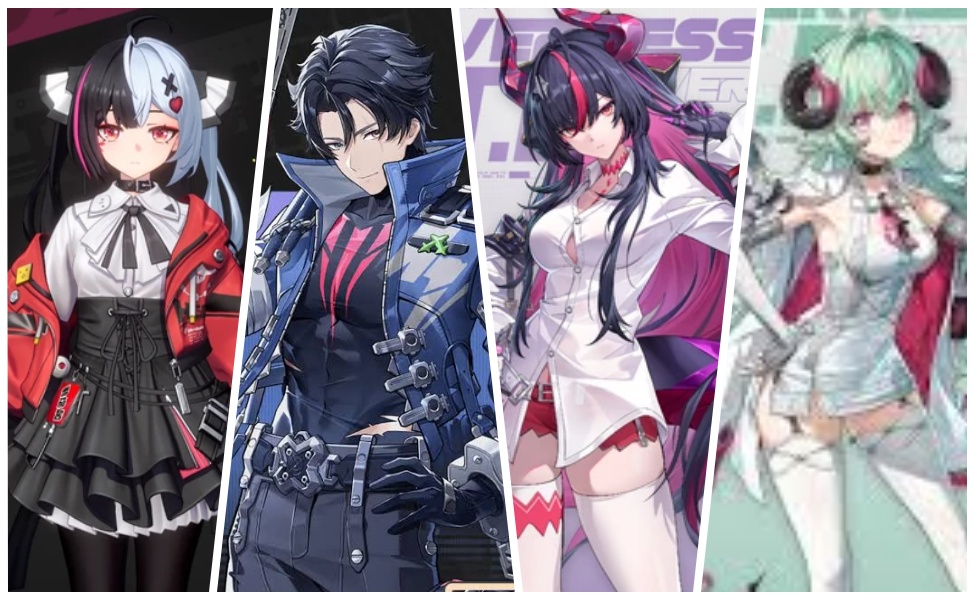 Four anime female characters from Neverness to Everness in various combat and tactical outfits