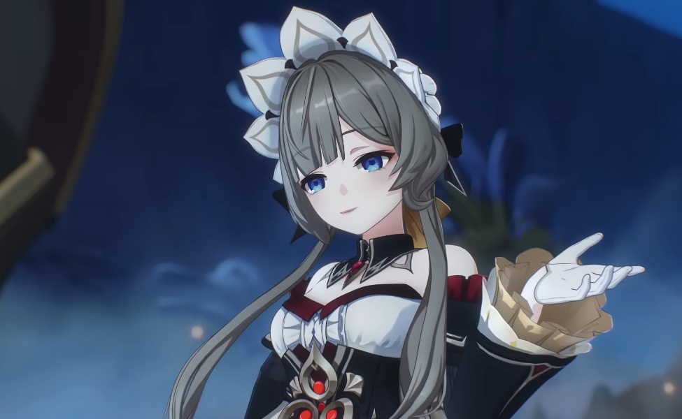Sandrone character portrait with gray hair, white bow, and black outfit in Genshin Impact