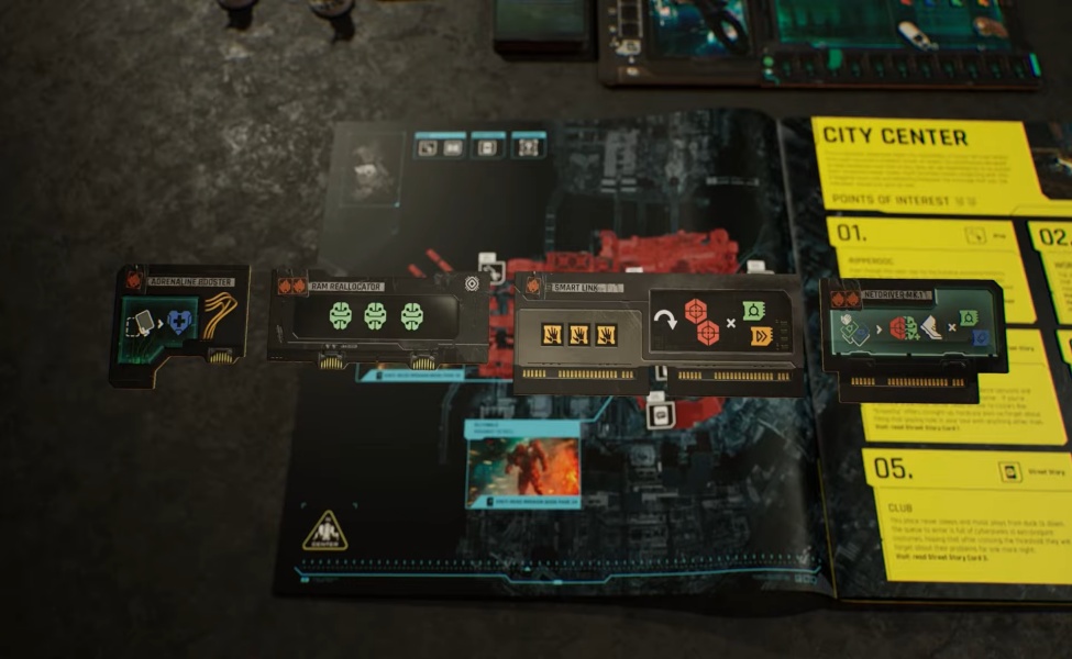 Cyberpunk 2077 board game components including character cards, dice, and Night City map layout