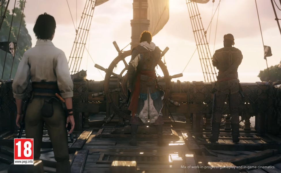 Three pirates stand at the helm of a ship in Assassin's Creed Black Flag gameplay